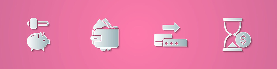 Set paper cut Piggy bank and hammer, Wallet with money, Pos terminal and Hourglass dollar icon. Paper art style. Vector
