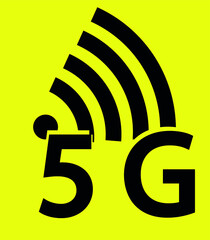 5g wireless standard logo. sign and inscription in black on a yellow background