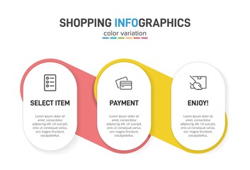 Concept of shopping process with 3 successive steps. Three colorful graphic elements. Timeline design for brochure, presentation, web site. Infographic design layout.