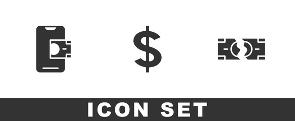 Set Mobile banking, Dollar symbol and Tearing money banknote icon. Vector