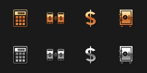 Set Calculator, Money payment transfer, Dollar symbol and Safe icon. Vector