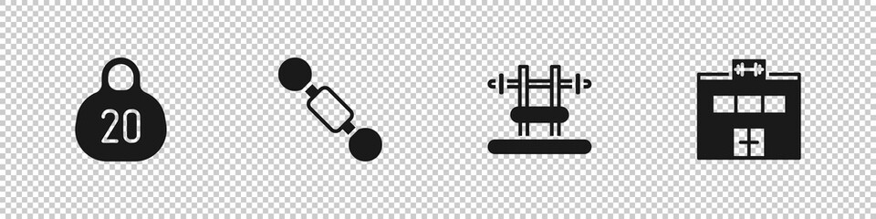 Set Kettlebell, Dumbbell, Bench with barbel and Gym building icon. Vector