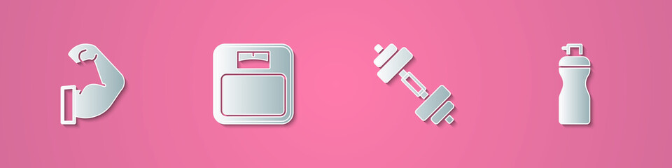 Set paper cut Bodybuilder muscle, Bathroom scales, Dumbbell and Fitness shaker icon. Paper art style. Vector