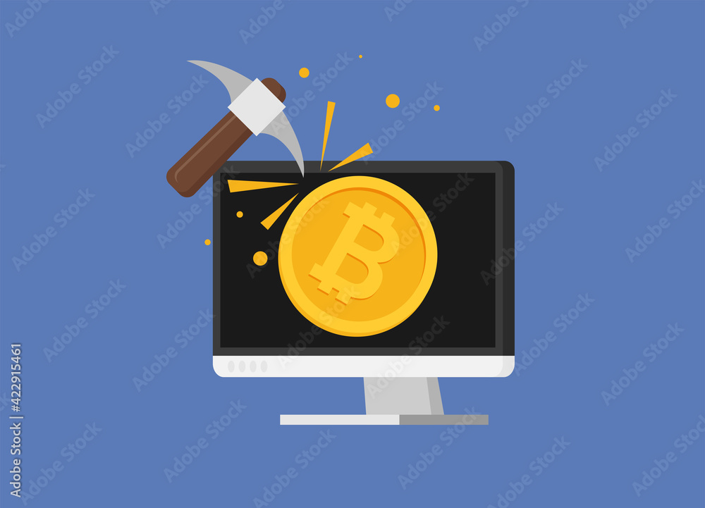 Poster bitcoin mining concept with pickaxe and coin flat vector