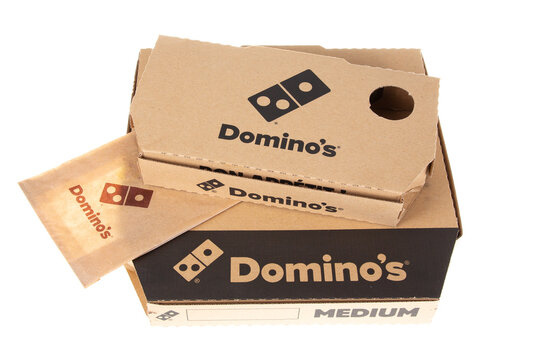 Dominos pizza logo text and brand sign on take away box restaurant Domino's American multinational pizza restaurant chain