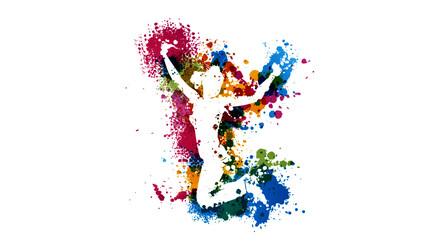 Fototapeta na wymiar happy woman silhouette jumping, multicolor splash
