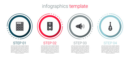 Set Drum machine, Stereo speaker, Speaker volume and Guitar. Business infographic template. Vector