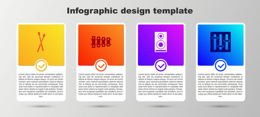 Set Drum sticks, Xylophone, Stereo speaker and Sound mixer controller. Business infographic template. Vector