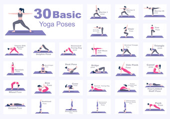 Set Of Various Yoga Poses and Fitness Exercises With Relax, Meditate, Healthy Lifestyle, Balance Training. Illustration