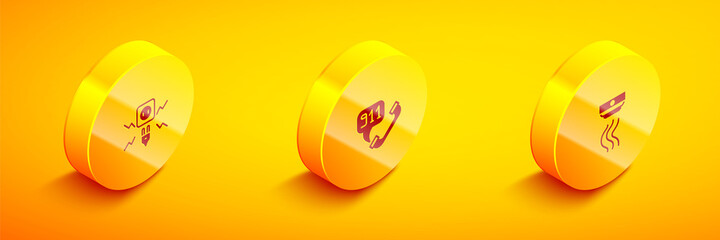 Set Isometric Electricity spark, Telephone call 911 and Smoke alarm system icon. Vector