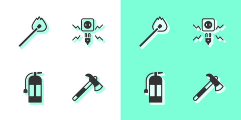 Set Firefighter axe, Burning match with fire, extinguisher and Electricity spark icon. Vector