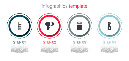 Set Hairbrush, dryer, Trash can and Cleaning spray bottle. Business infographic template. Vector
