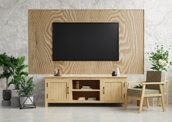 TV on the wooden wall in the living room Decorated with vases, wooden cabinets, kills and plants on tiled floors. There is a beautiful white marble background.3d rendering.