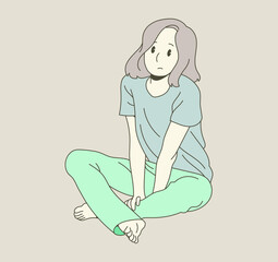 A girl is sitting on the floor and has a serious expression. hand drawn style vector design illustrations. 