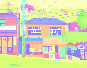 The exterior of a neon-colored rural house. hand drawn style vector design illustrations. 