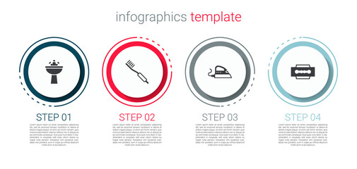 Set Washbasin with water tap, Toothbrush, Electric iron and Blade razor. Business infographic template. Vector