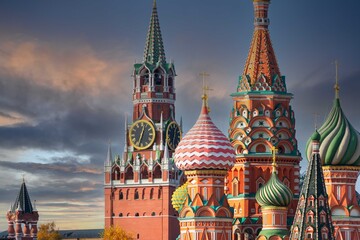 St. Basil’s Cathedral and Spassky Tower on Red Square in Moscow. Orthodox church and...