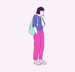 A girl is standing with a shoulder bag. hand drawn style vector design illustrations. 