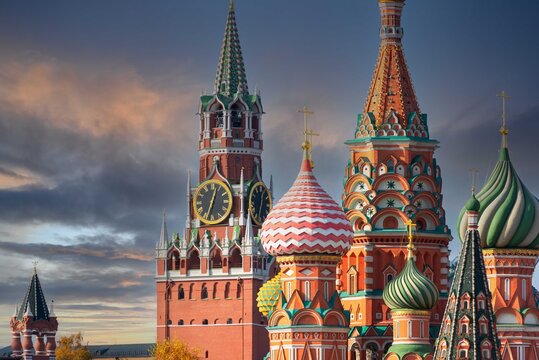 St. Basil&rsquo;s Cathedral and Spassky Tower on Red Square in Moscow. Orthodox church and architectural masterpieces of Moscow. Most famous sights of Russia. Life before pandemic COVID-19