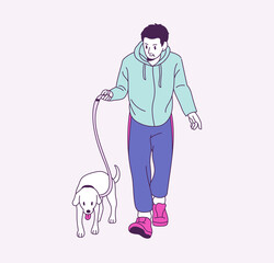 Naklejka premium A man in comfortable clothes is walking with his dog. hand drawn style vector design illustrations. 