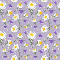 Daisy and Bluebell seamless pattern on mauve background