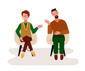 A stylish modern woman talks to a nice man. A couple of adults are sitting on chairs and talking. Vector illustration. A date, a flirt, a conversation of a young couple. Nice meeting.