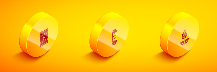 Set Isometric Bio fuel barrel, Battery and Earth globe and leaf icon. Vector