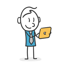 Business stick man working with a tablet. Stick man concept working.