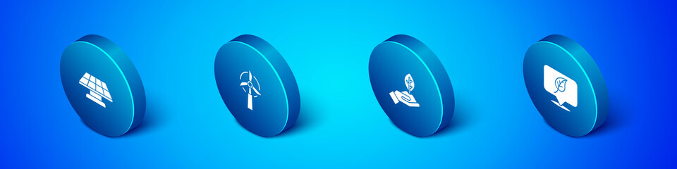 Set Isometric Solar energy panel, Plant in hand, Location with leaf and Wind turbine icon. Vector