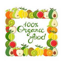 Handwritten words 100 organic food. Ink hand lettering.