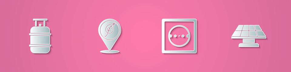 Set paper cut Propane gas tank, Location with leaf, Electrical outlet and Solar energy panel icon. Paper art style. Vector