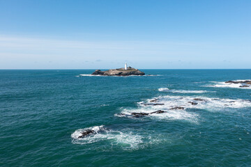 Aerial photograph of Godrevy, Cornwall on a stunning sunny day
