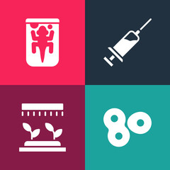 Set pop art Cell division, Automatic irrigation sprinklers, Syringe and Experimental animal icon. Vector