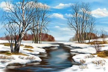 Fototapeta na wymiar Russian spring, nature awakens from winter, warm day in March, landscape of Russian nature, digital art illustration painted with watercolors