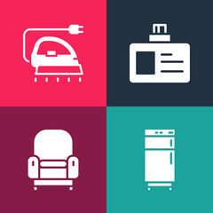 Set pop art Refrigerator, Armchair, Identification badge and Electric iron icon. Vector