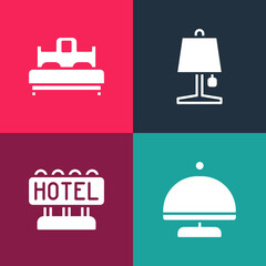 Set pop art Covered with tray, Signboard text Hotel, Table lamp and Bedroom icon. Vector