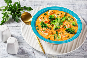 Creamy Tomato Soup with Shrimp and Broccoli