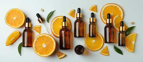 Dropper bottles with oil and orange slices on white background