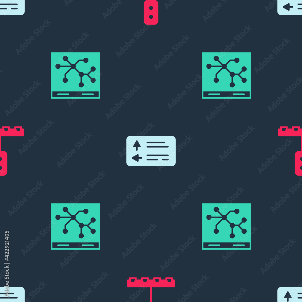 Poster set train traffic light, road signpost and railway map on seamless pattern. vector