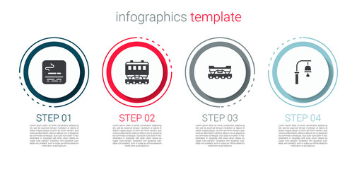 Set Smoking area, Passenger train cars, Cargo wagon and Train station bell. Business infographic template. Vector
