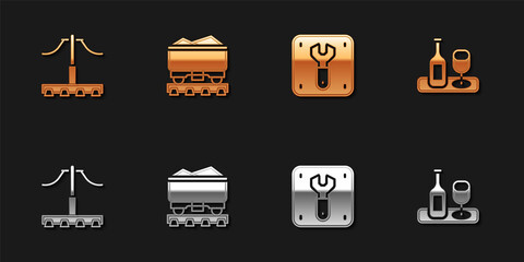 Set Railway, Coal train wagon, Repair of railway and Wine bottle with glass icon. Vector
