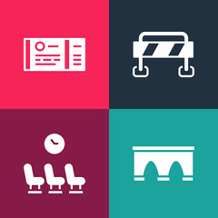 Set pop art Bridge for train, Waiting room, Road barrier and Train ticket icon. Vector