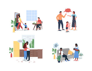 Arguing family flat color vector detailed character set. Parents breakup. Postnatal depression. Conflict isolated cartoon illustration for web graphic design and animation collection