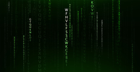 Matrix green background with alphabet symbols. Digital data code. Data network concept. Abstract technology banner. Vector illustration.