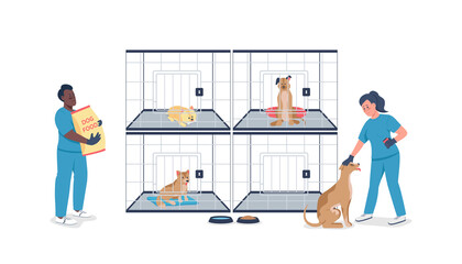 Veterinarian with dogs in cages flat color vector detailed characters. Man and woman feed puppies. Pet care organization isolated cartoon illustration for web graphic design and animation