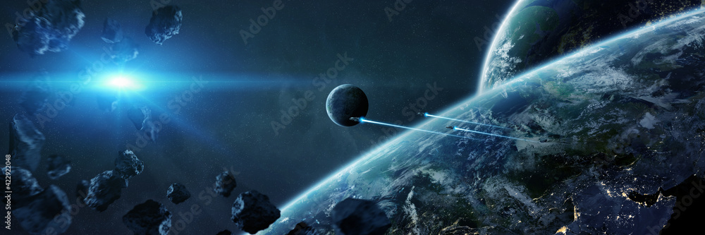 Poster panoramic space planets background. panorama of distant solar system with exoplanets 3d rendering el