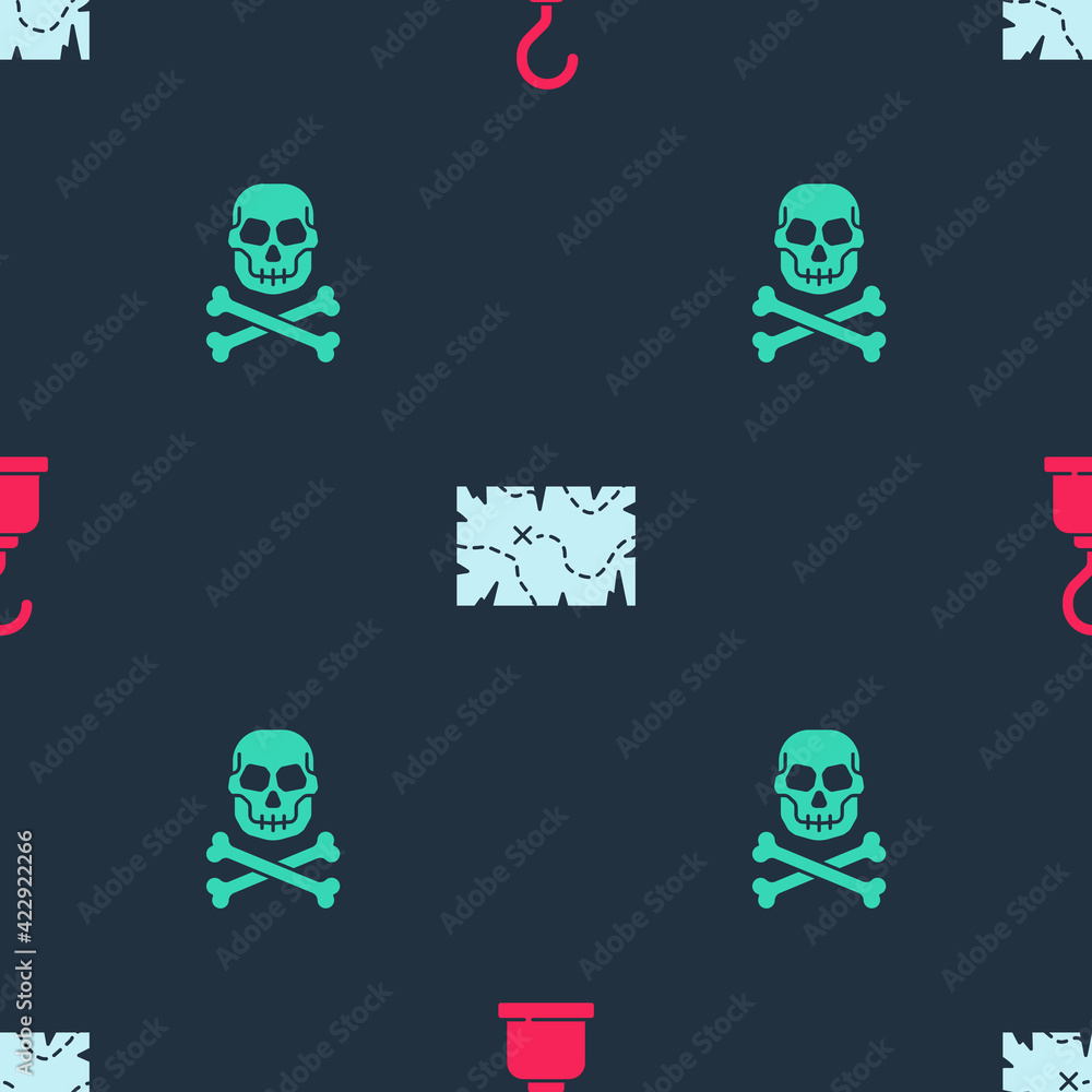 Wall mural set pirate hook, treasure map and skull on crossbones on seamless pattern. vector