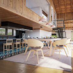 Modern Residential Loft with Dining Room & Kitchen (focused) - 3D Visualization