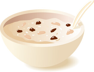 Oatmeal with nuts in a bowl of coconut isolated on white background. Healthy breakfast. Vector illustration