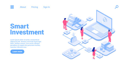 Smart investment concept. Landing page or web banner template. 3d illustration of group of people and money elements. Coins, cash, gold. Modern isometric style. Isolated on white background.